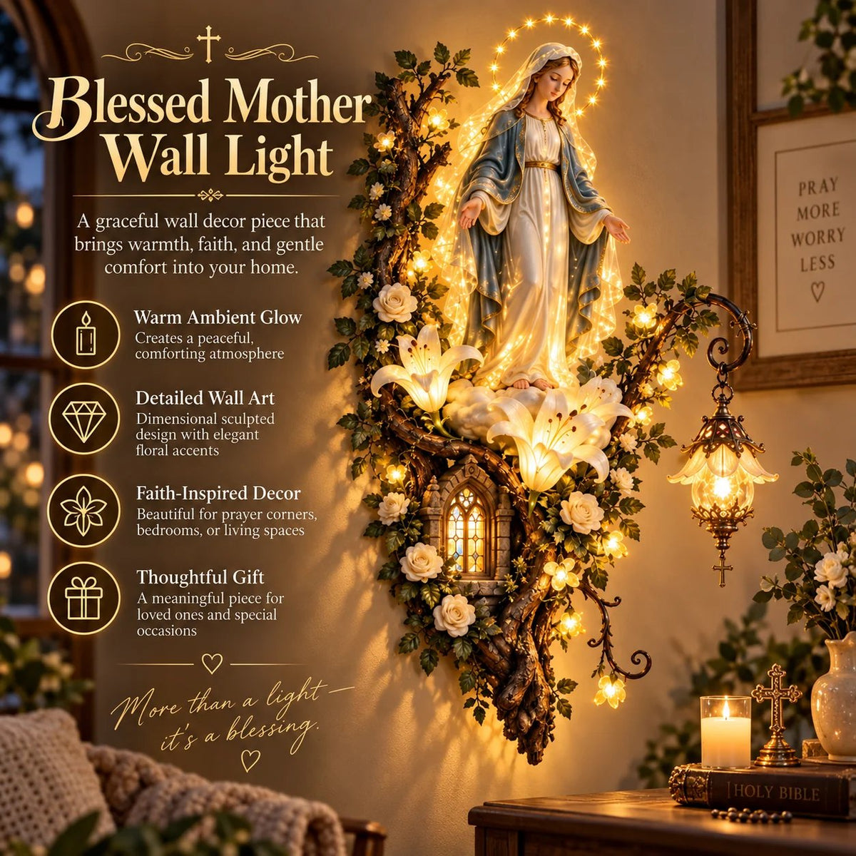 HOT SALE Blessed Mother Lighted Wall Décor | Virgin Mary 3D Religious Wall Art with Warm Ambient Glow