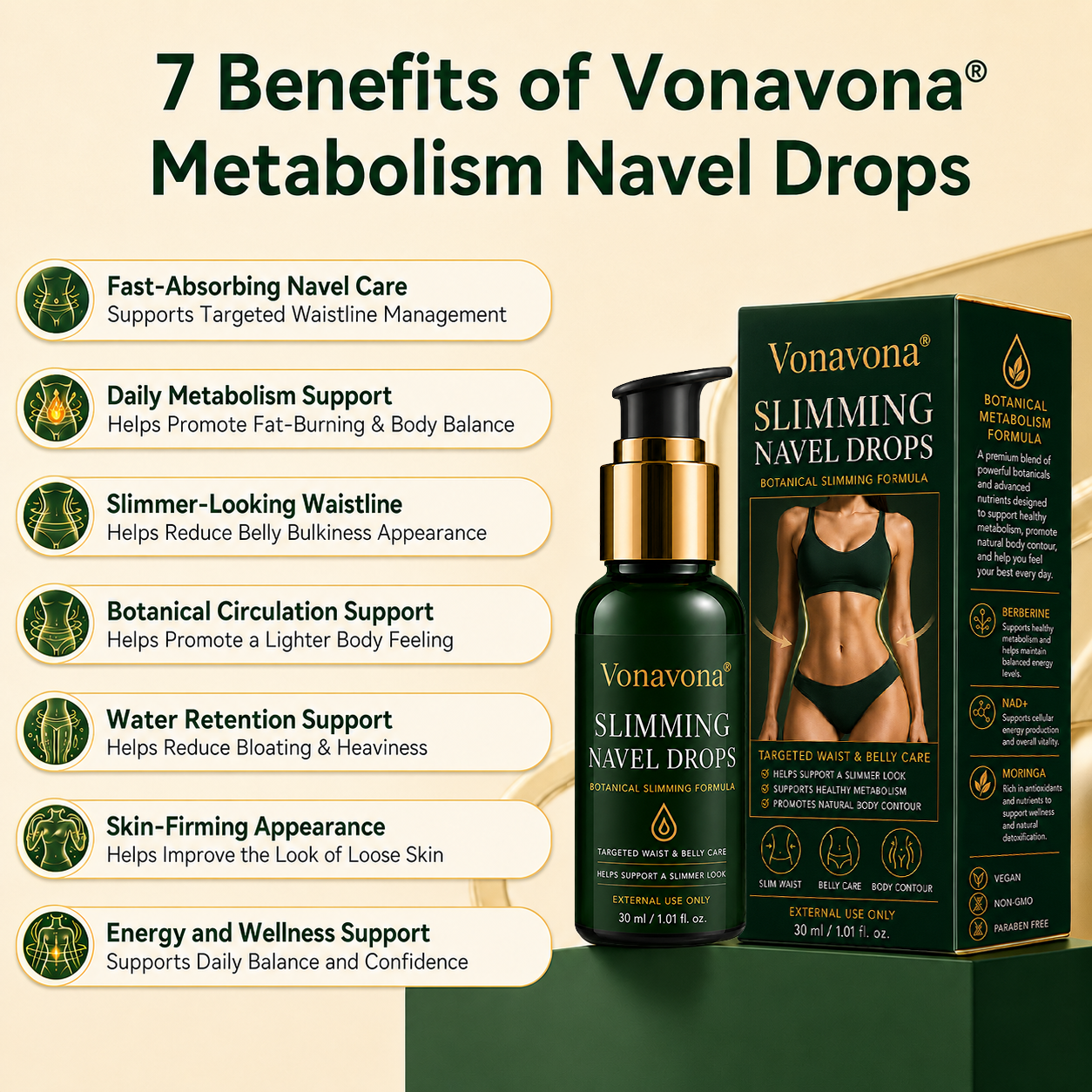 Vonavona® Metabolic Sculpt Serum— Powered by Berberine, NAD+ & Moringa Botanical Complex for metabolic balance, body contour care & overall wellness.💎
